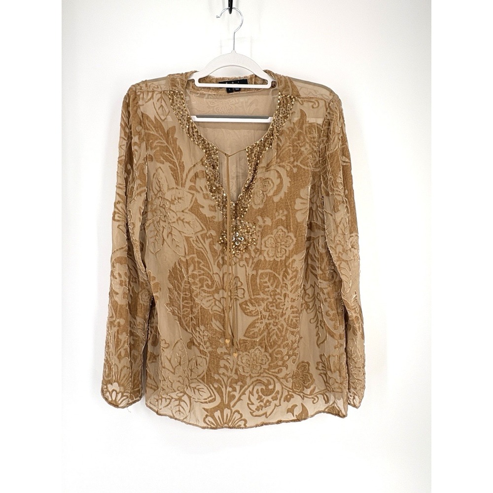 VTG Y2K ECI New York Sheer Embellished Top Large Tan Chiffon Romantic Fairy